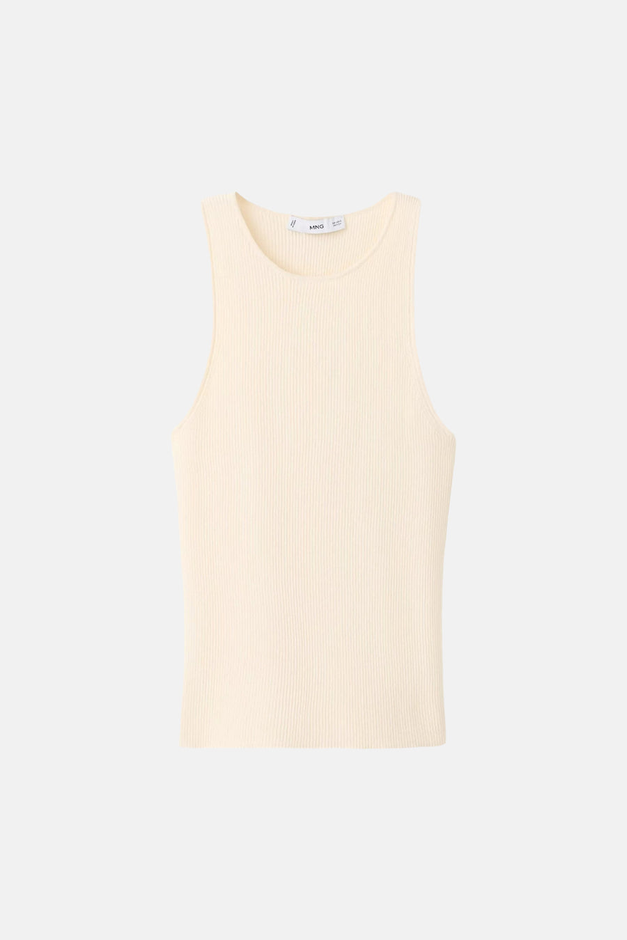 Beige MANGO top in geribde gebreide stof met ronde hals en zonder mouwen.