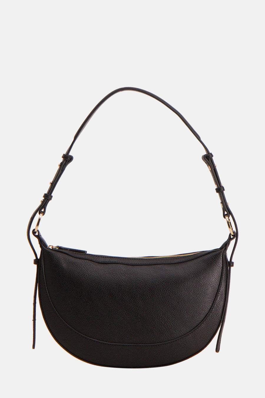 Sac à bandoulière noir de MANGO, avec une bandoulière réglable et une fermeture éclair dorée.

