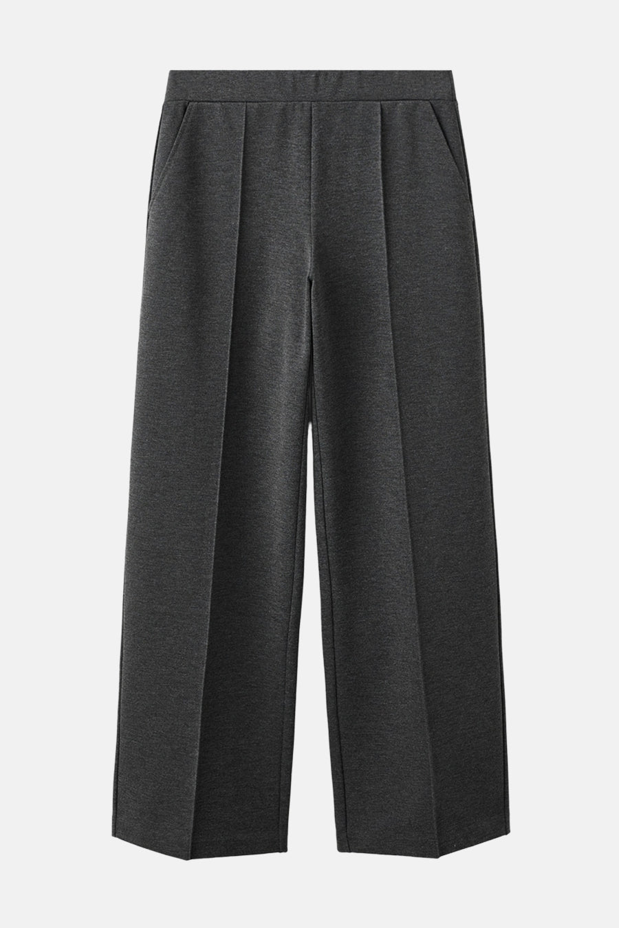 Pantalon gris de MANGO, coupe ample, avec des plis et des poches latérales.