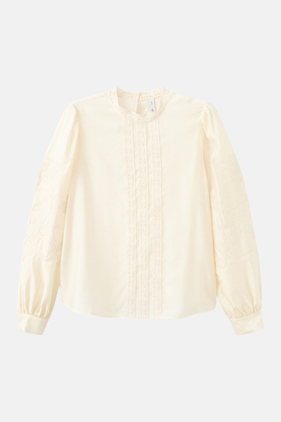 Ecru blouse met lange mouwen van MANGO, met delicate bloemenborduursels en kanten details aan de voorkant.