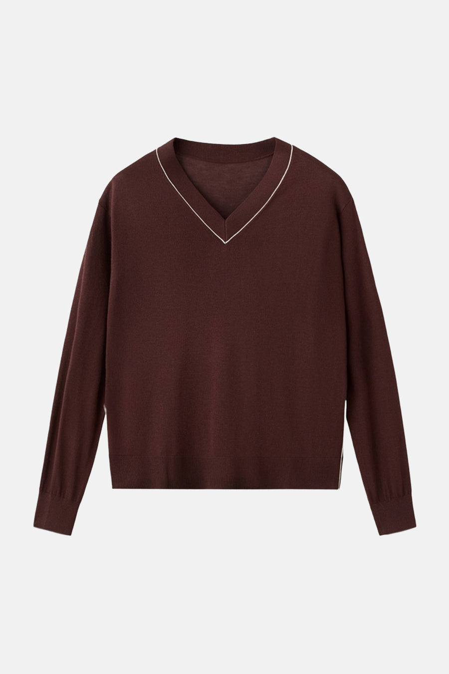 Pull à col en V brun de MANGO, avec bordure contrastée blanche au col et manches longues.
