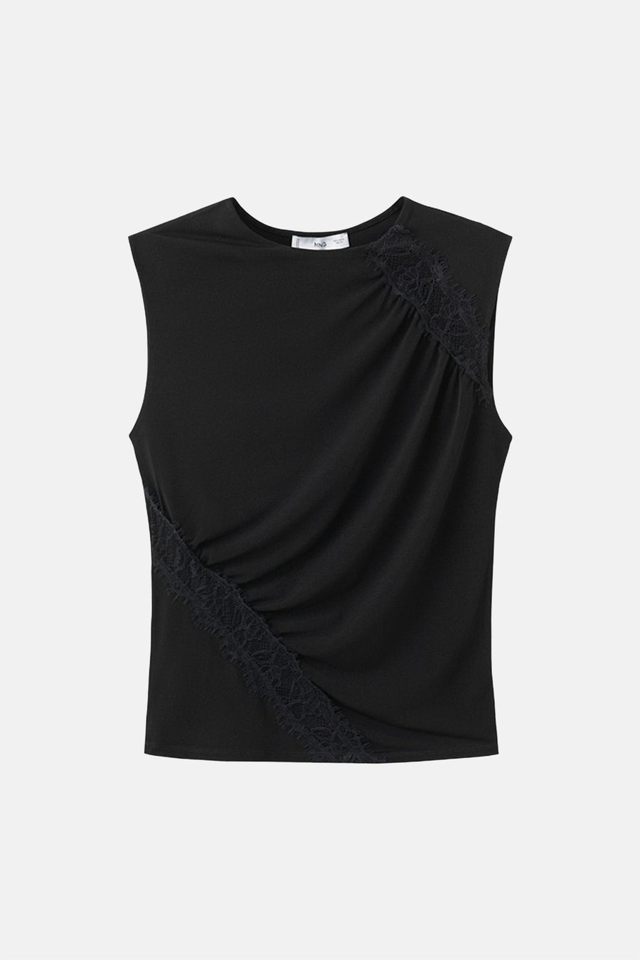 Blouse noire sans manches de MANGO, avec empiècement en dentelle et détail drapé asymétrique.