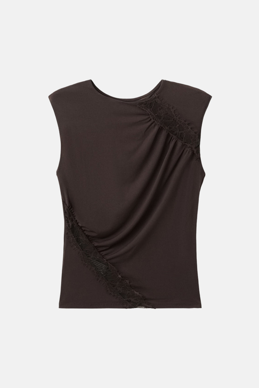 Blouse marron sans manches par MANGO, avec détails en dentelle florale et drapé asymétrique.