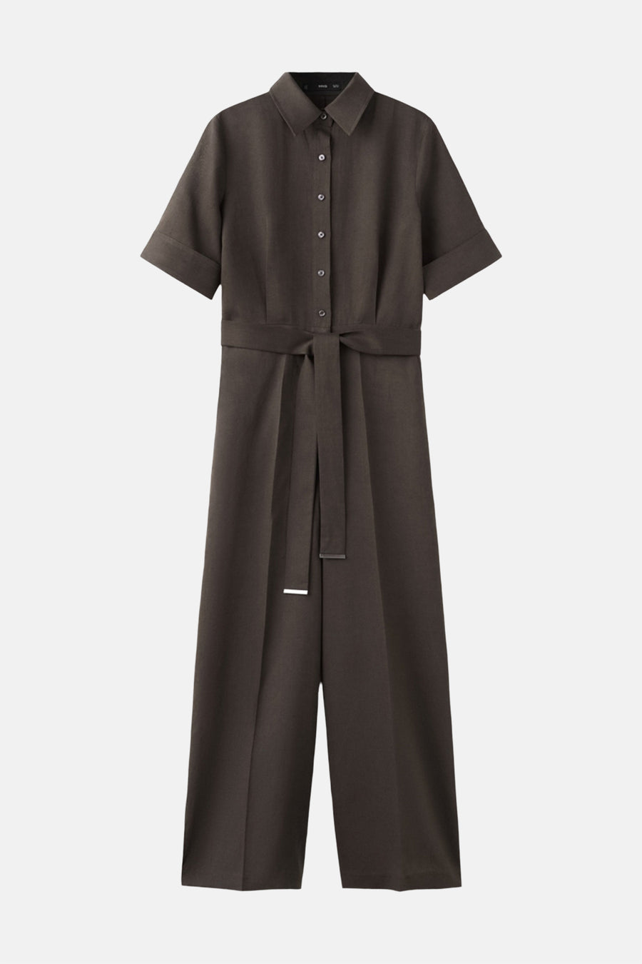 Bruin MANGO jumpsuit, met zilverkleurige gespsluiting en korte mouwen met omslag.