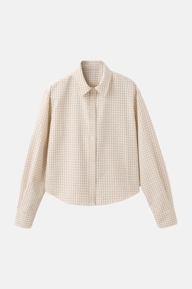 Beige MANGO overhemd met fijne lichtbruine ruit, lange mouwen, platliggend weergegeven.