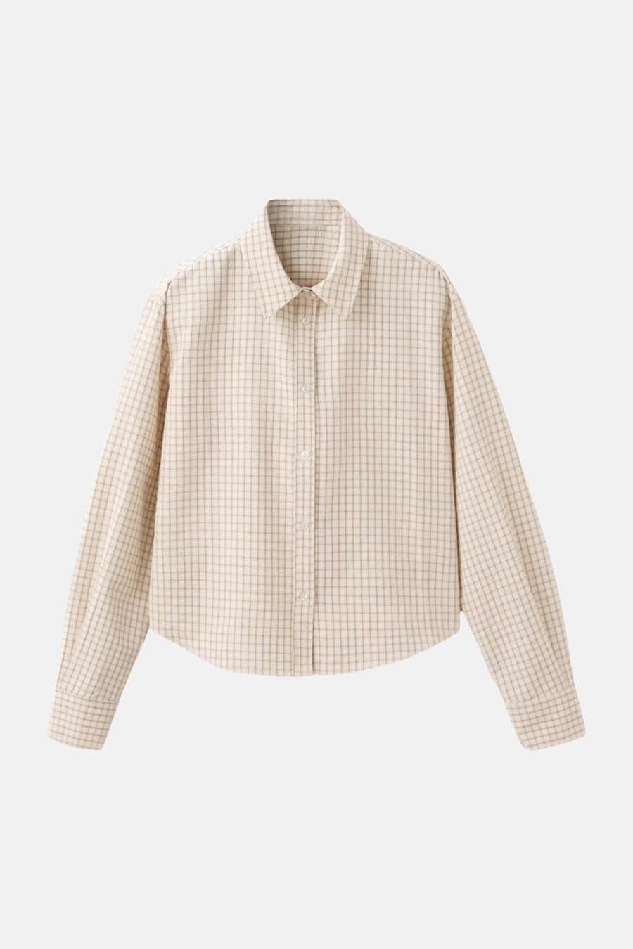 Beige MANGO overhemd met fijne lichtbruine ruit, lange mouwen, platliggend weergegeven.