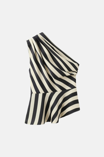 Multikleurig mouwloos bloesje van MANGO, met zwarte en crèmekleurige strepen, asymmetrische pasvorm.