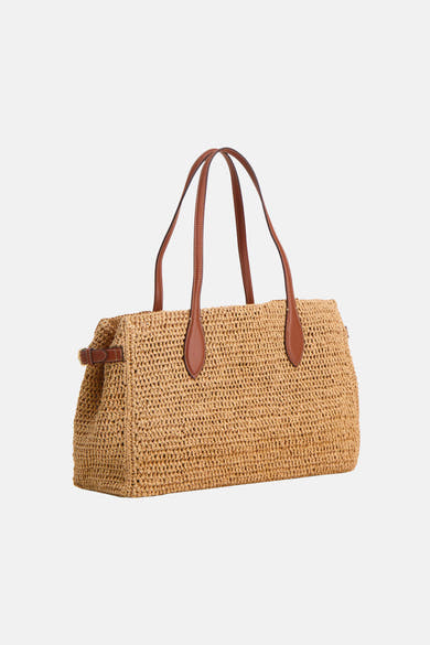 Beige schoudertas van MANGO, met bruine leren hengsels en gevlochten textuur.