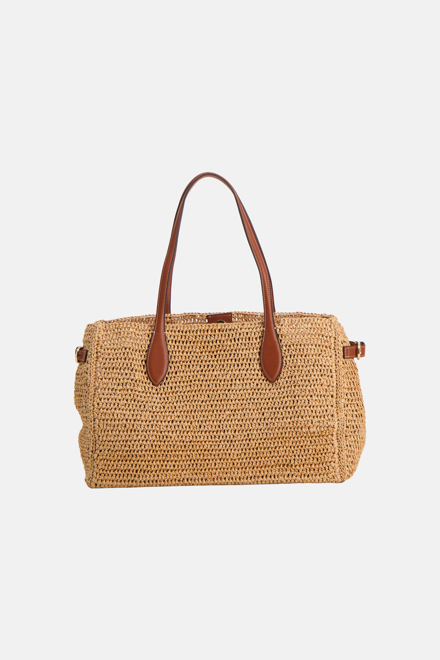Sac à bandoulière beige MANGO, avec anses en cuir marron, en paille tressée et détails dorés.