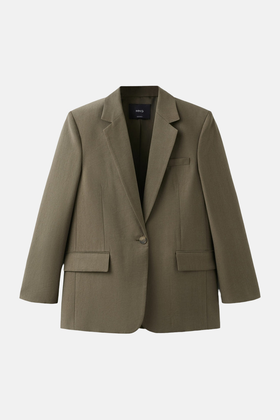 Kaki blazer van MANGO, met reverskraag, borstzak en klepzakken.