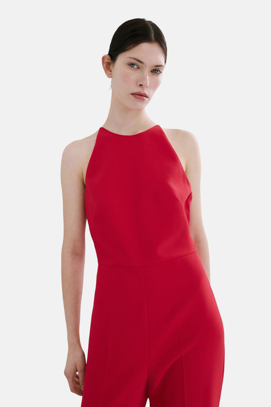 Rode jumpsuit van MANGO, effen kleur, mouwloos en nauwsluitend model.
