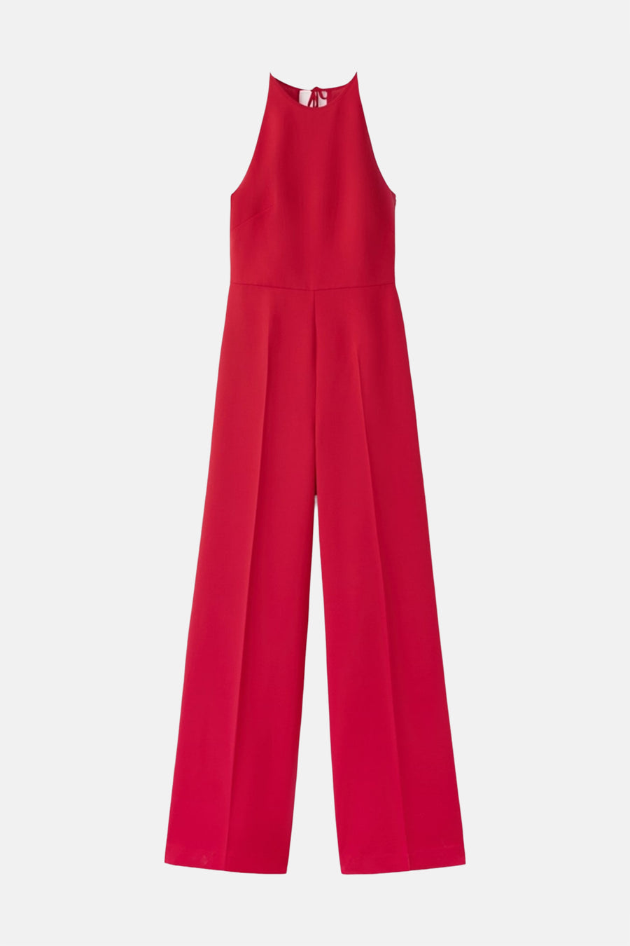 Rode jumpsuit van MANGO, met een opstaande kraag en geplooide wijde pijpen.