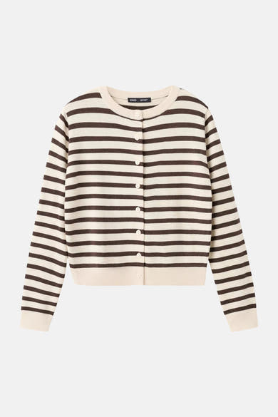 Beige gestreept bruin vest van MANGO in gebreide stof met knopen en ronde hals.