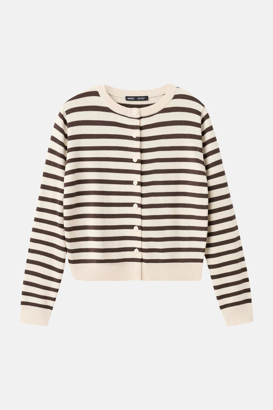 Beige gestreept bruin vest van MANGO in gebreide stof met knopen en ronde hals.