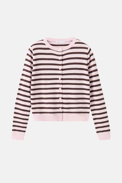 Roze en bruin gestreept vest van MANGO, van breiwerk, met ronde hals en knopen.