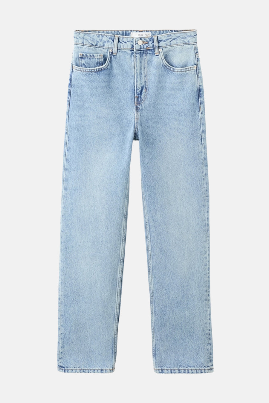 Rechte spijkerbroek van lichtblauw denim van MANGO, met een klassieke pasvorm en voor- en achterzakken.