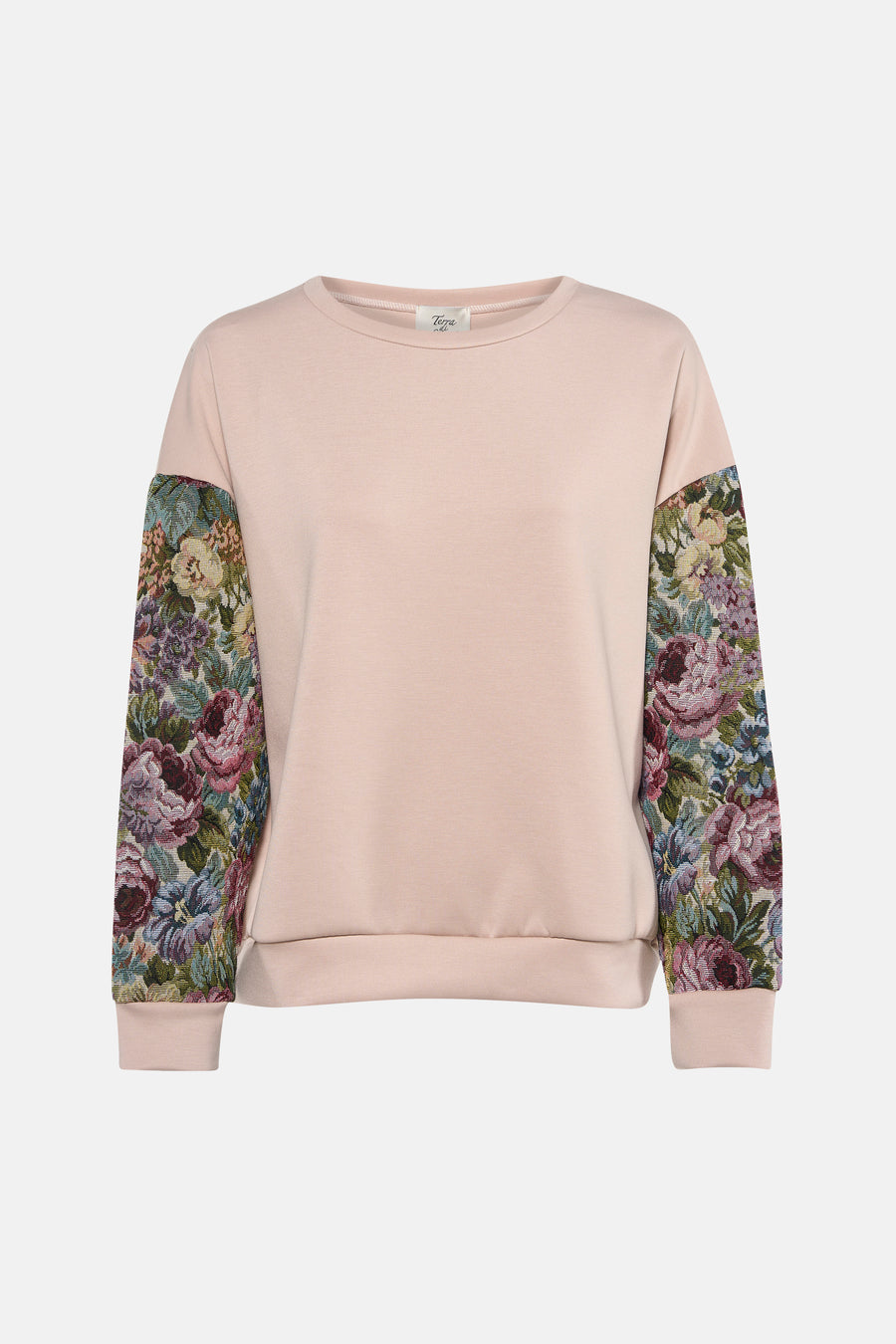 Sweat beige col rond de Terra di Siena, avec des manches fleuries en tapisserie.