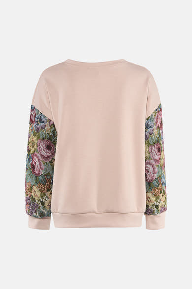Sweat beige Terra di Siena, manches longues à motif floral, encolure ras du cou, vue de dos.
