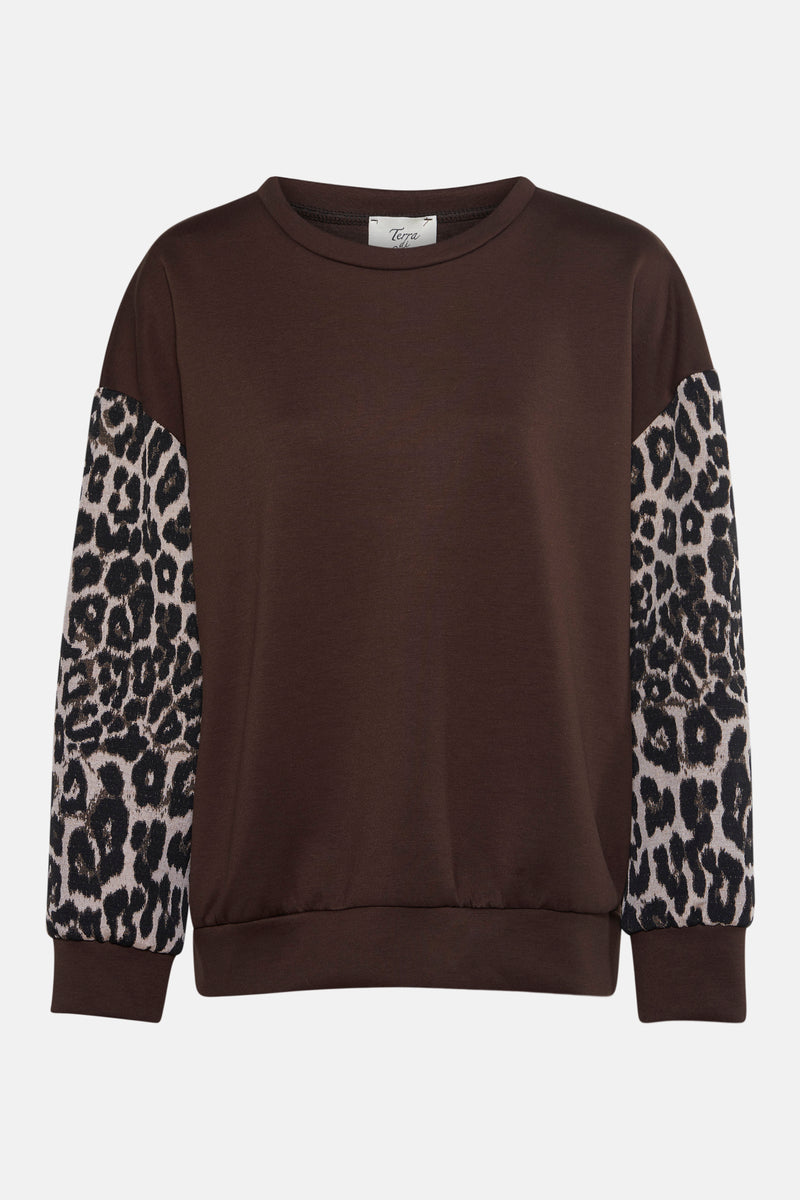Bruine sweatshirt door Terra di Siena, met leopardprinten mouwen.