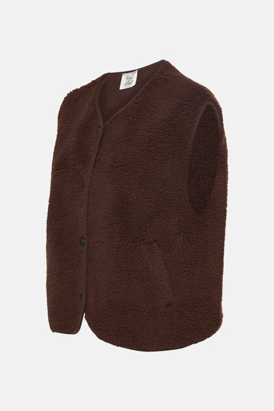 Gilet marron en laine bouclée par Terra di Siena, avec boutons et bordures unies.