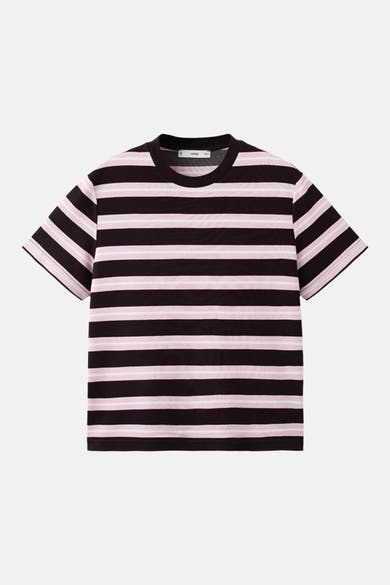 Multikleurig T-shirt met korte mouwen van MANGO, met een roze en zwart horizontaal gestreept patroon.