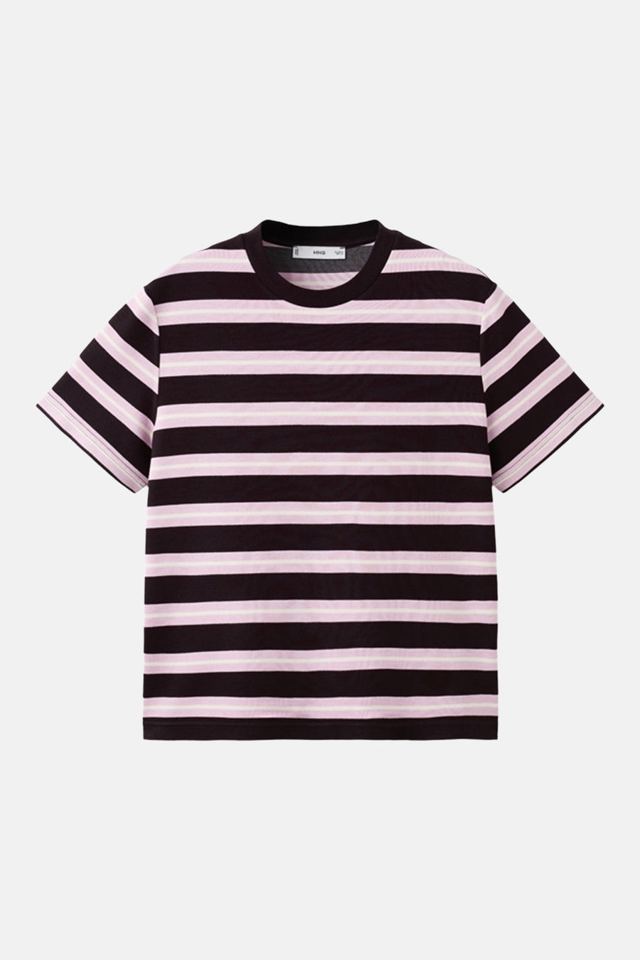 Multikleurig T-shirt met korte mouwen van MANGO, met een roze en zwart horizontaal gestreept patroon.