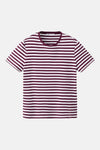 Bordeaux T-shirt met korte mouwen van MANGO, met witte horizontale strepen, op een neutrale achtergrond.