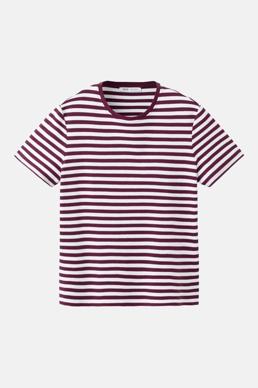 Bordeaux T-shirt met korte mouwen van MANGO, met witte horizontale strepen, op een neutrale achtergrond.