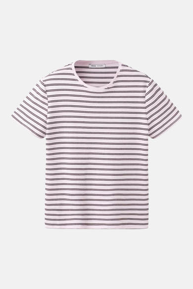 Roze T-shirt met zwarte strepen van MANGO, met korte mouwen en ronde hals.