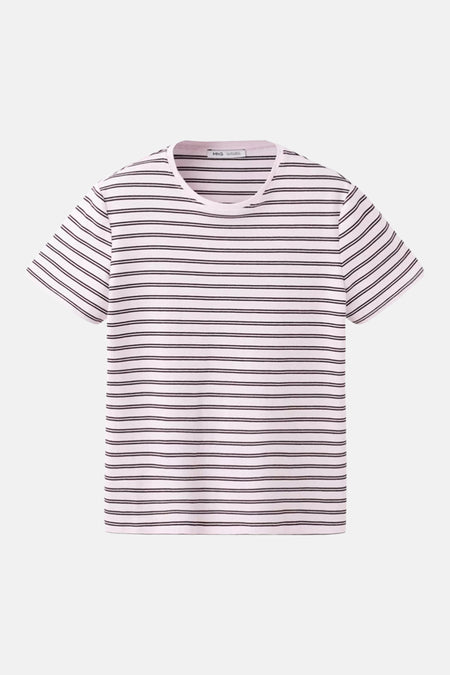 Roze T-shirt met zwarte strepen van MANGO, met korte mouwen en ronde hals.