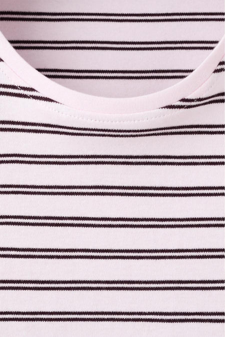 Roze T-shirt met korte mouwen van MANGO, bordeauxrode horizontale strepen, ronde hals.