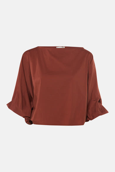 Blouse à manches courtes brique par Terra di Siena, coupe ample avec volants aux poignets, vue arrière