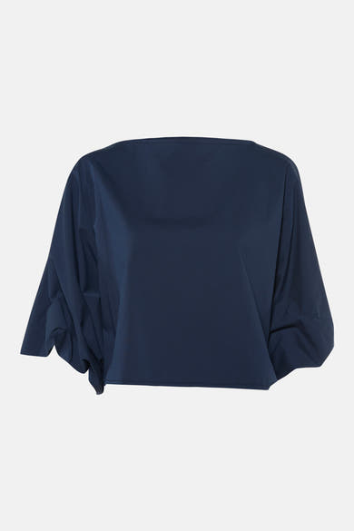 Blouse bleue à manches courtes par Terra di Siena, vue arrière, coupe ample et fluide