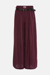 Mauve wide-leg elastic waist trousers by Tofa with black belt and gold buckle, front view