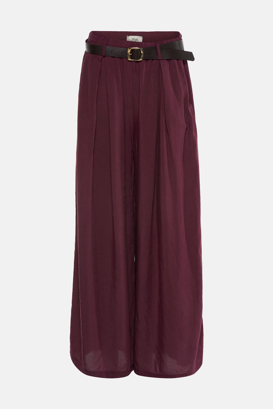 Mauve wide-leg elastic waist trousers by Tofa with black belt and gold buckle, front view