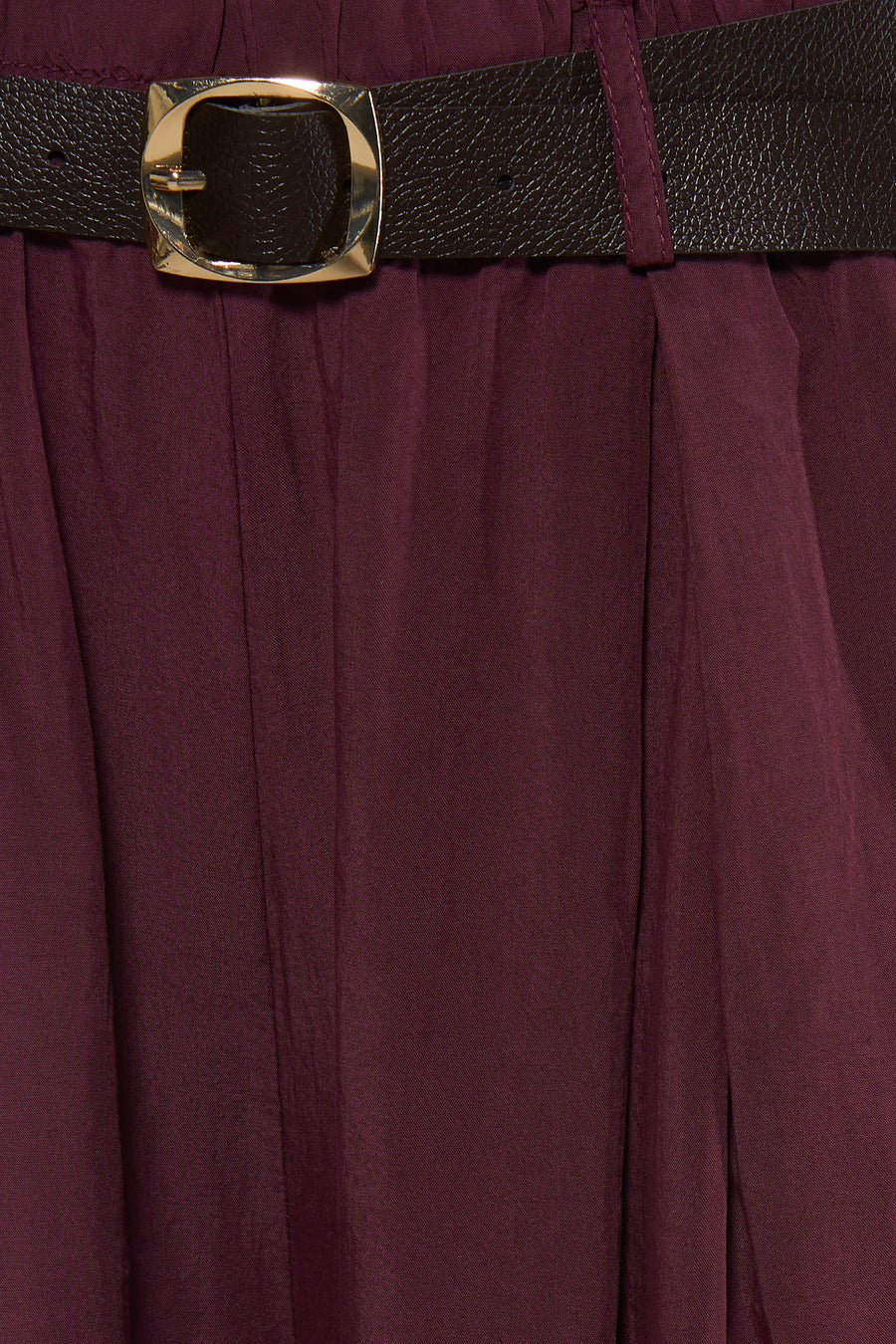 Mauve elastic waist women's seasonal pants with black textured belt and gold buckle, front close-up view