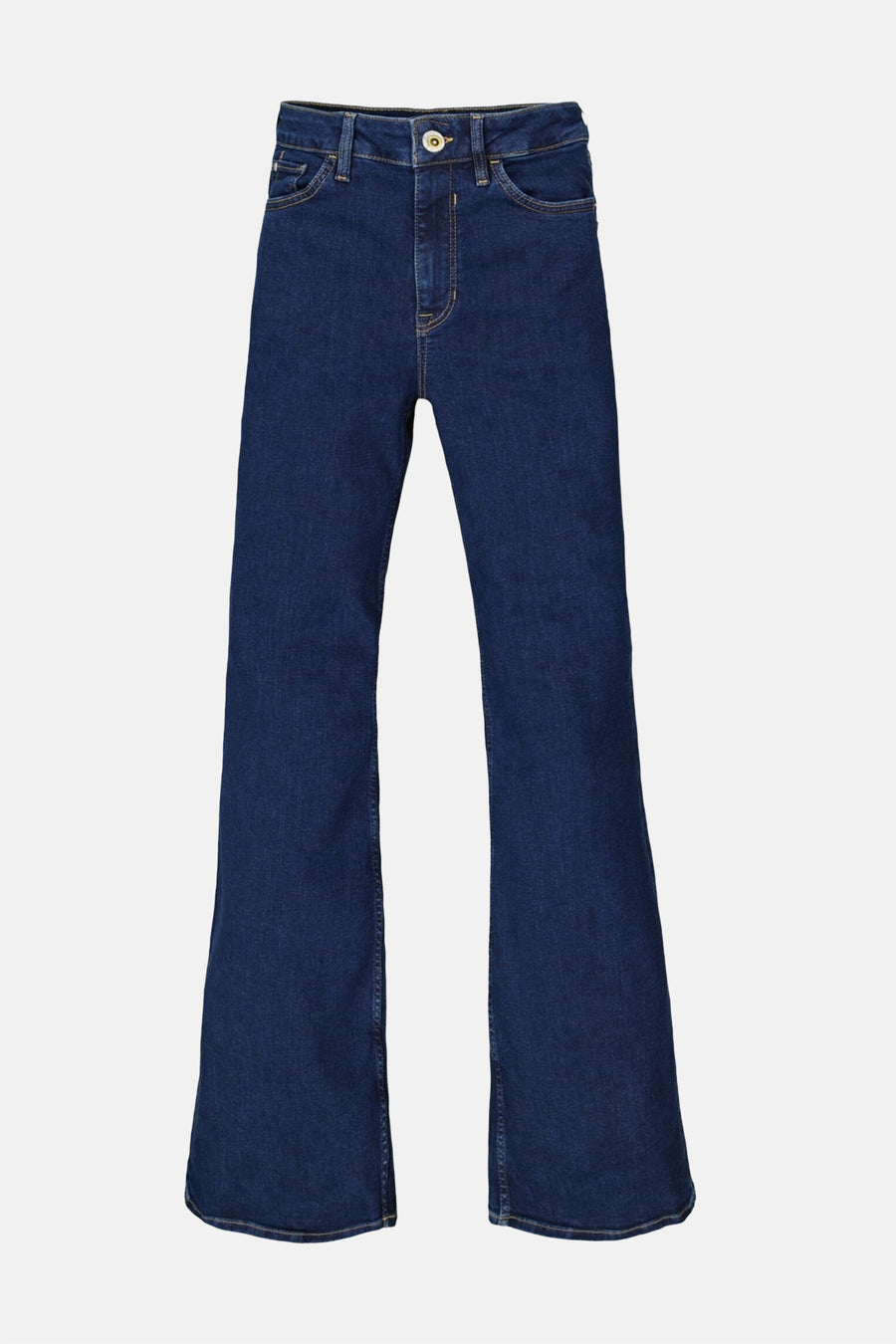 Dark blue flared denim jeans with classic five-pocket design and gold-tone hardware, front view