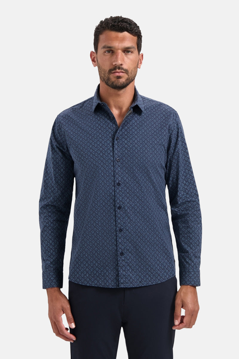 Blauw overhemd met lange mouwen van NO EXCESS, met een subtiel geometrisch patroon en een klassieke pasvorm.