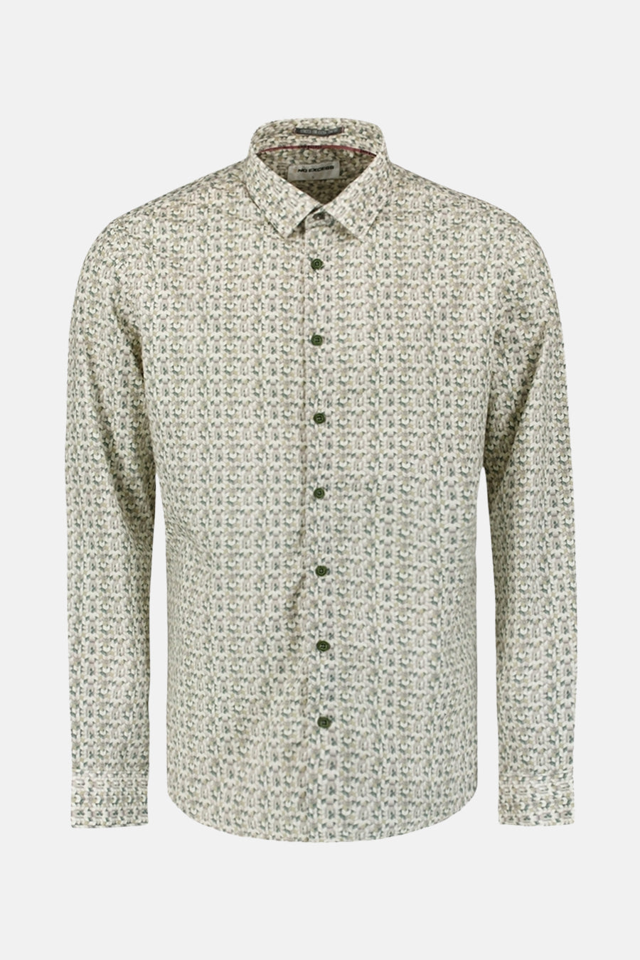 Chemise à manches longues kaki de NO EXCESS, avec motif all-over discret et boutons verts.
