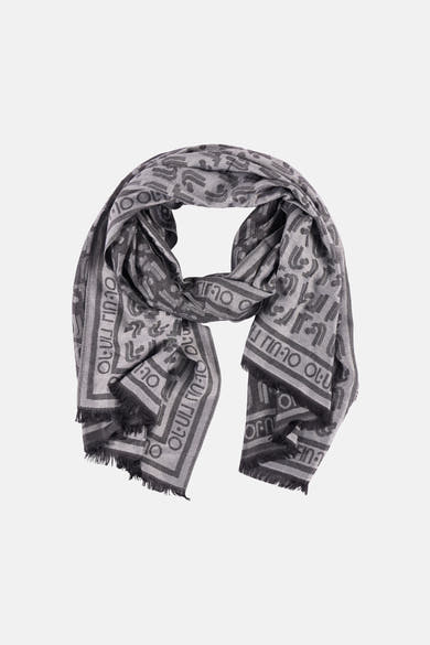 Zwarte sjaal van LIU JO met toon-op-toon abstracte letterprint, geplisseerde textuur.
