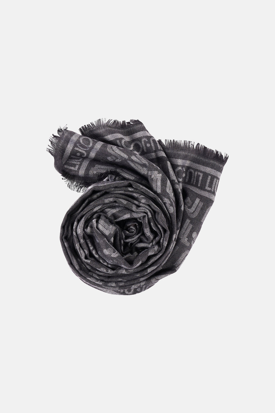 Zwarte sjaal met geweven motieven van LIU JO, in spiraalvorm gedrapeerd, met decoratieve franjes.
