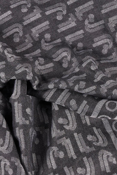 Foulard noir de LIU JO avec motif de lettres abstraites en ton sur ton, texture plissée.