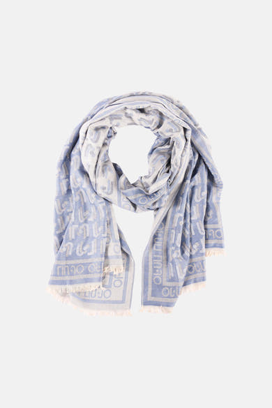 Blauwe sjaal van LIU JO, opgerold met textuurpatroon en decoratieve franjes.