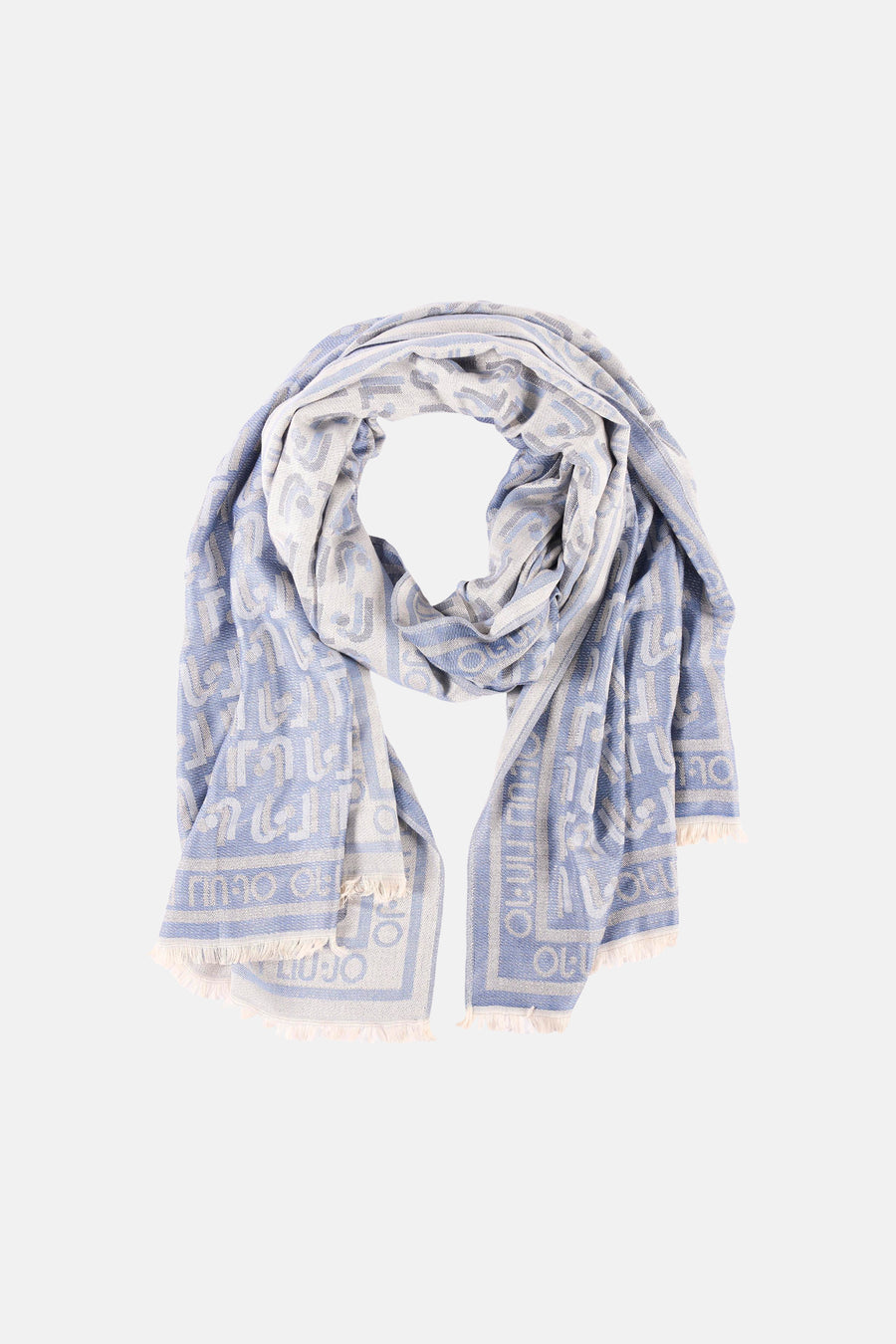 Blauwe sjaal van LIU JO, opgerold met textuurpatroon en decoratieve franjes.