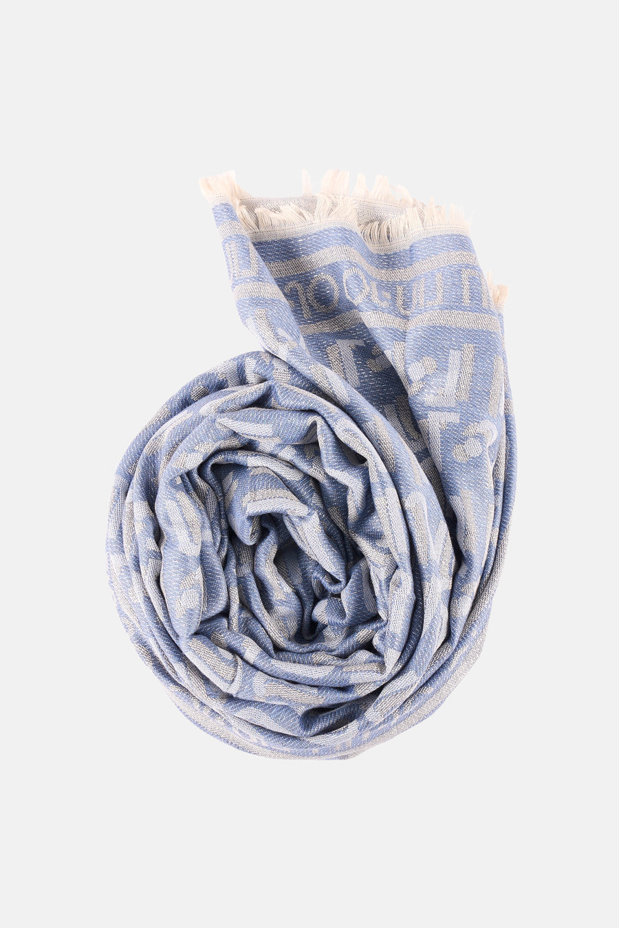 Foulard bleu de LIU JO, enroulé sur lui-même avec motif texturé et franges décoratives.
