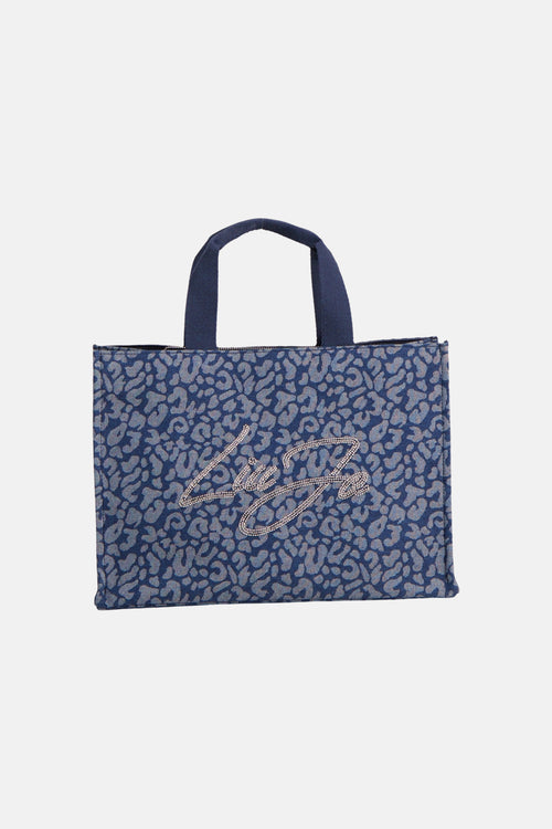 Blauwe handtas van LIU JO met een luipaardprint en een versierd logo.