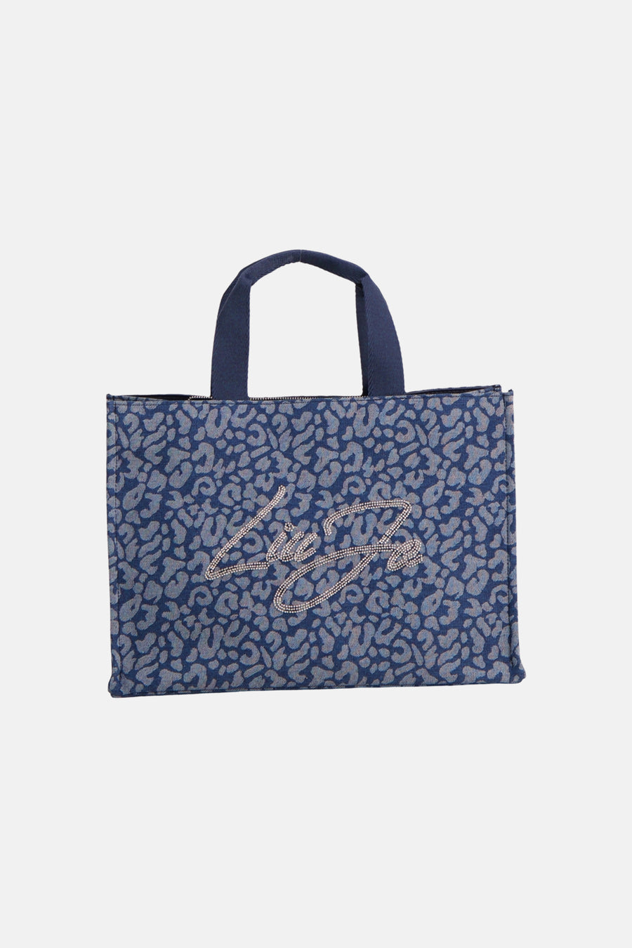 Blauwe handtas van LIU JO met een luipaardprint en een versierd logo.