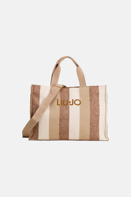 Ecru handtas van LIU JO met beige en bruine streep, met taupekleurige handvatten.