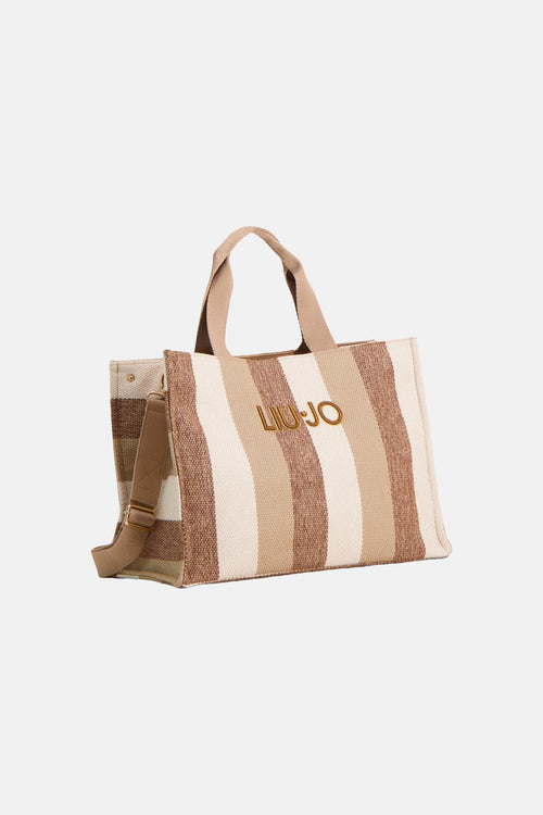 Ecru gestreept handtas van LIU JO, met beige en bruine strepen en een beige schouderriem.