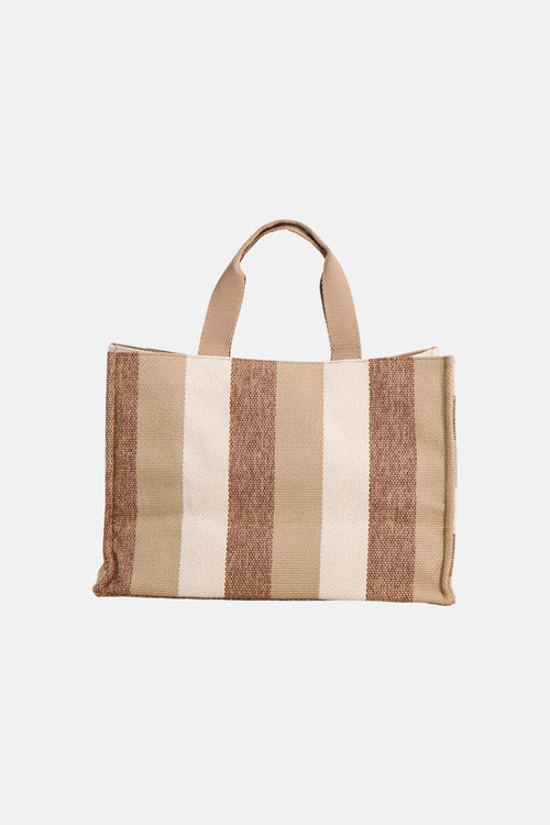 Sac à main écru de LIU JO avec motif rayé beige et marron, avec des poignées couleur taupe.